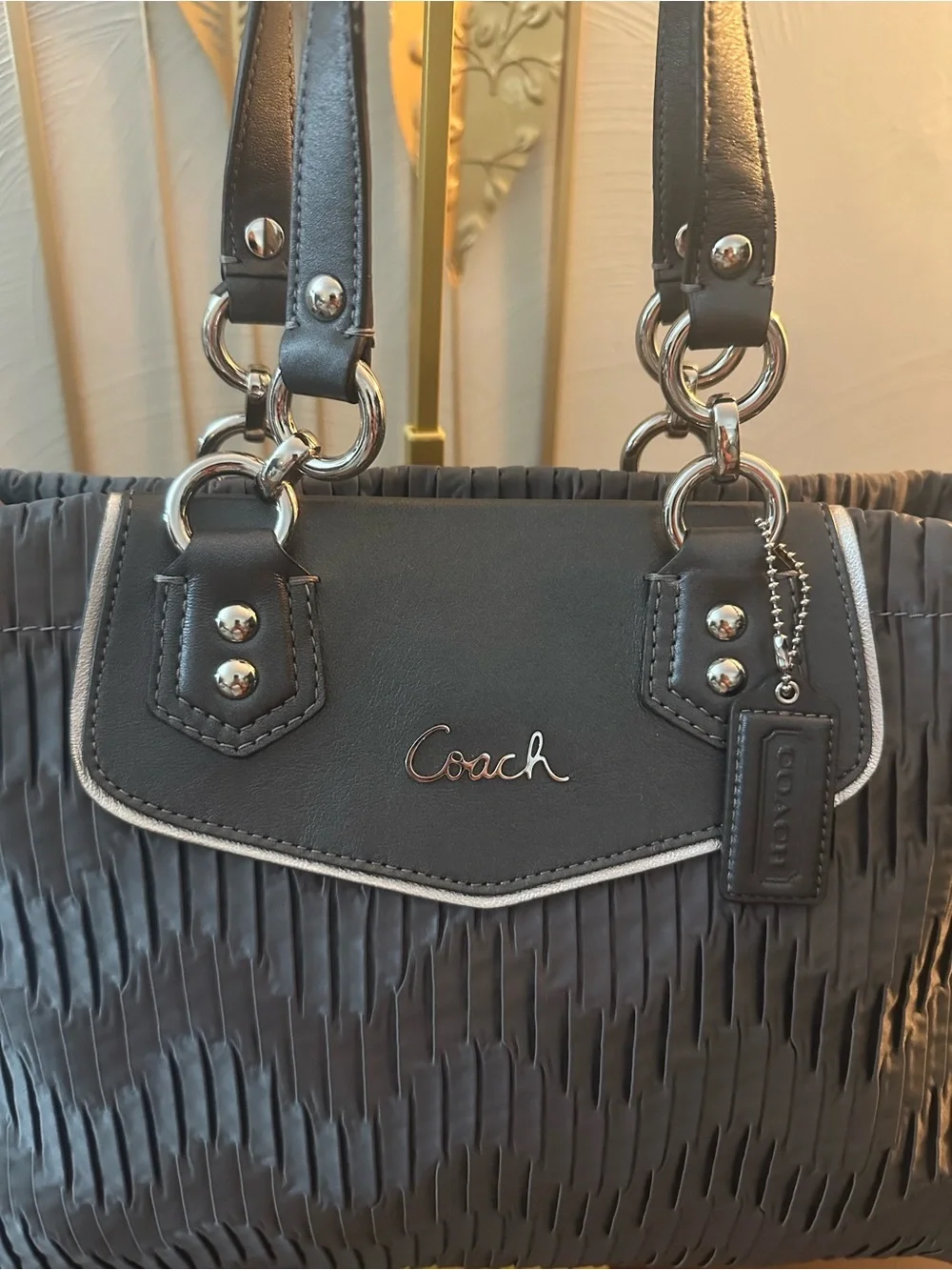 Coach 2012 Ashley F20050 Pleated Patent Trim Tote Bag in Silver Mauve-Pink